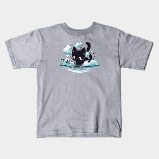 Black cat on the side of a pond Kids T-Shirt